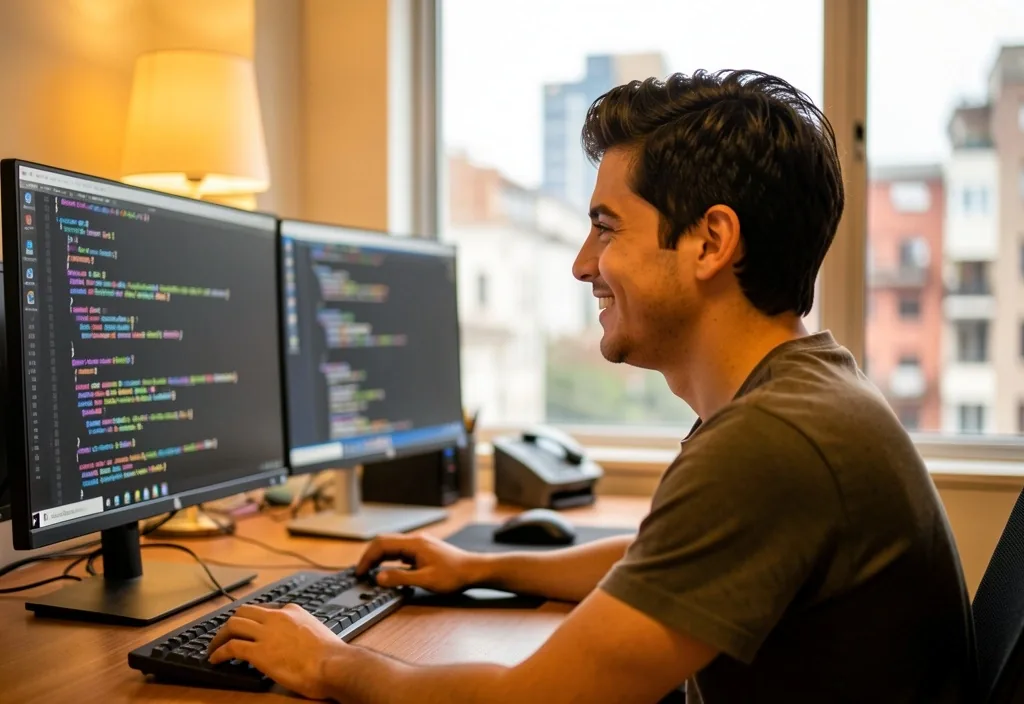 Desarrollador argentino trabajando en su escritorio con código en pantalla