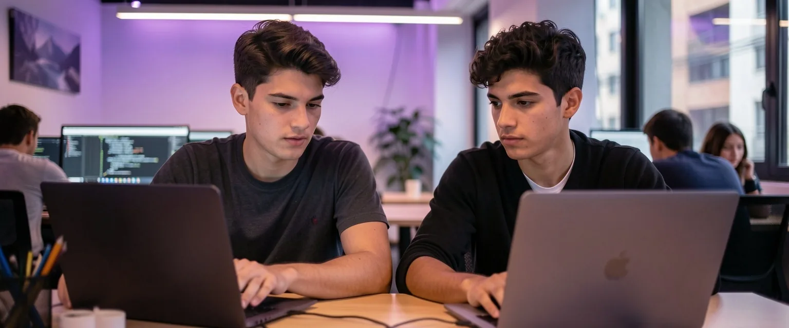 Estudiantes programando en pareja en un espacio de coworking