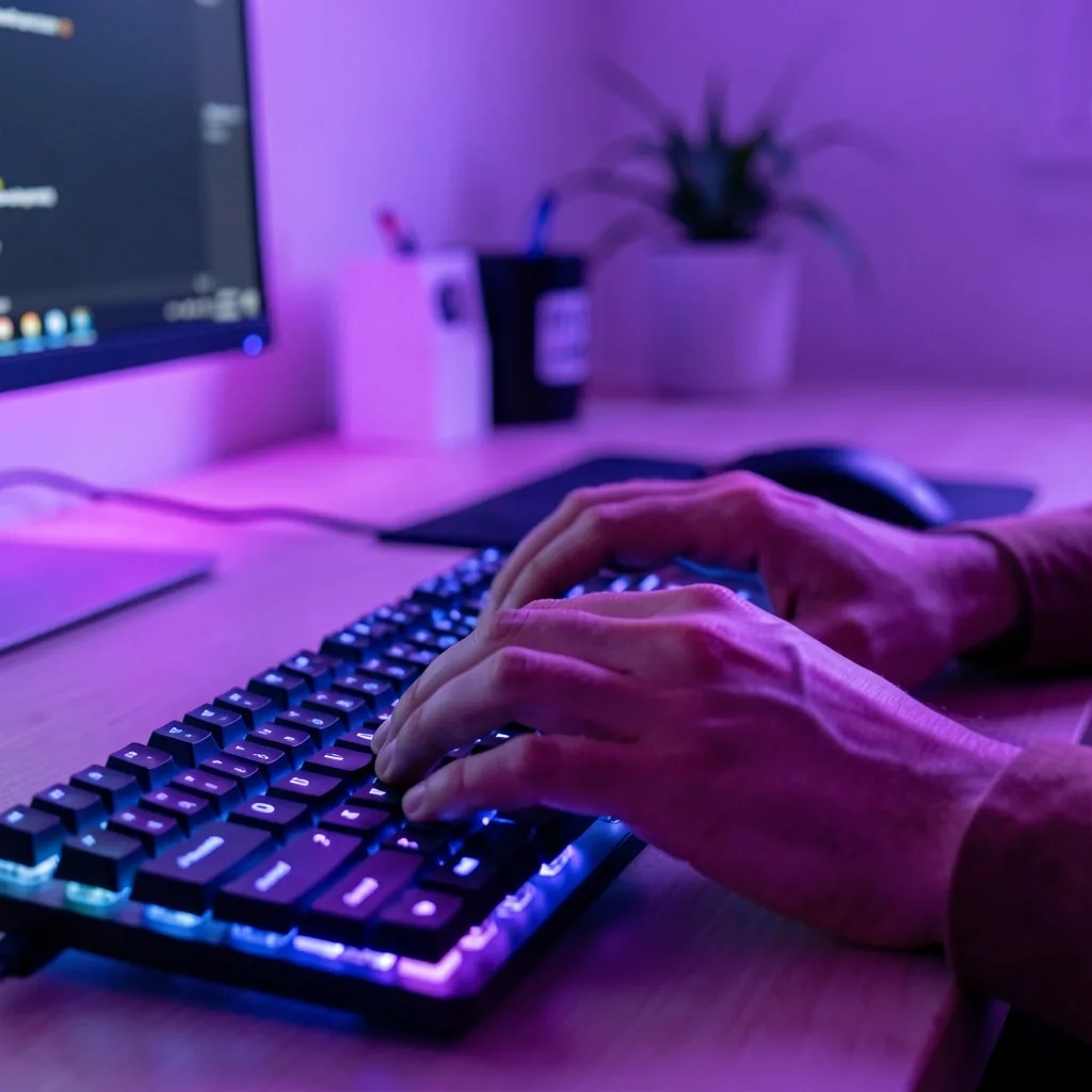 Teclado mecánico con iluminación violeta usado en un entorno de programación