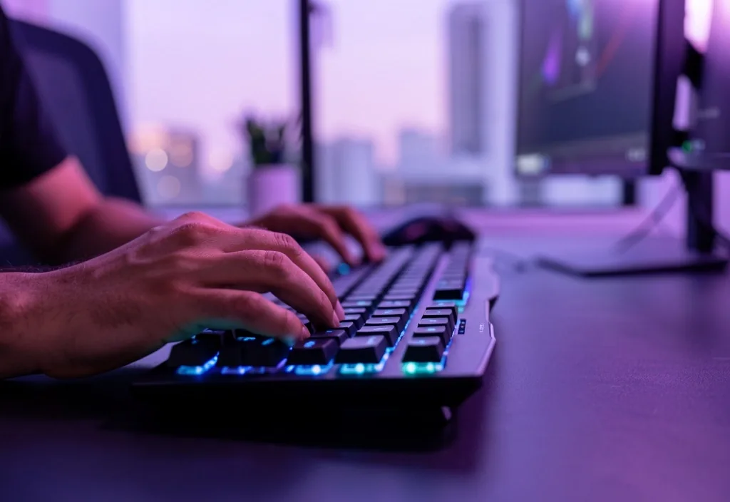 Teclado mecánico iluminado sobre escritorio oscuro