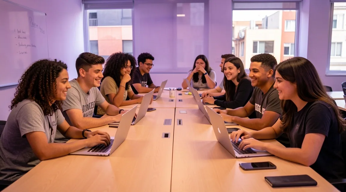 Grupo diverso de estudiantes aprendiendo programación