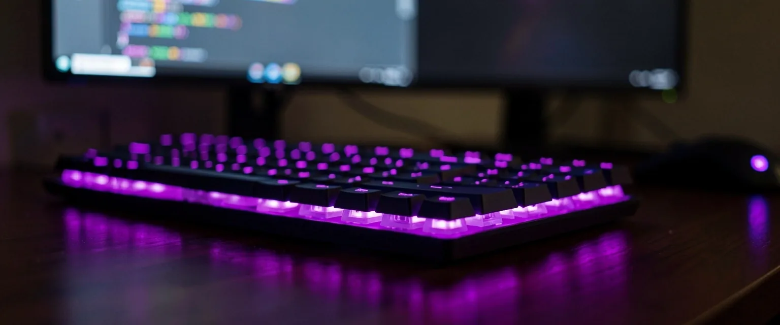 Teclado mecánico iluminado con tonos violeta